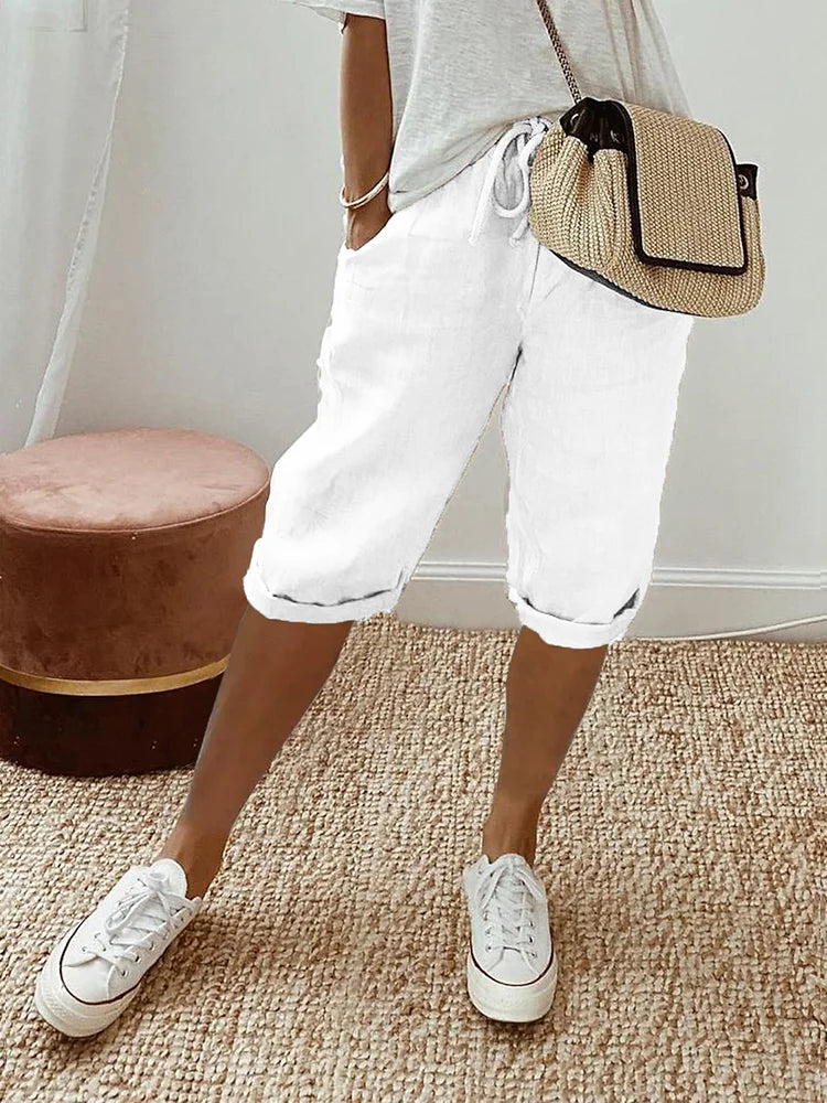 Ashley - Cotton Linen Capri Pants in Green