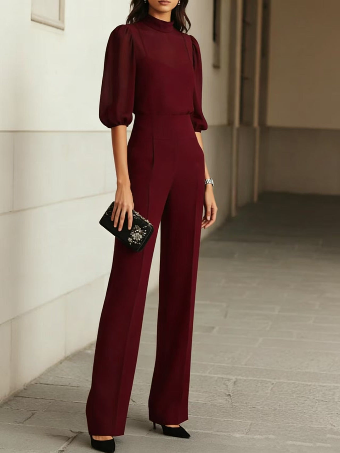 Maude three-piece set in wine red, front view