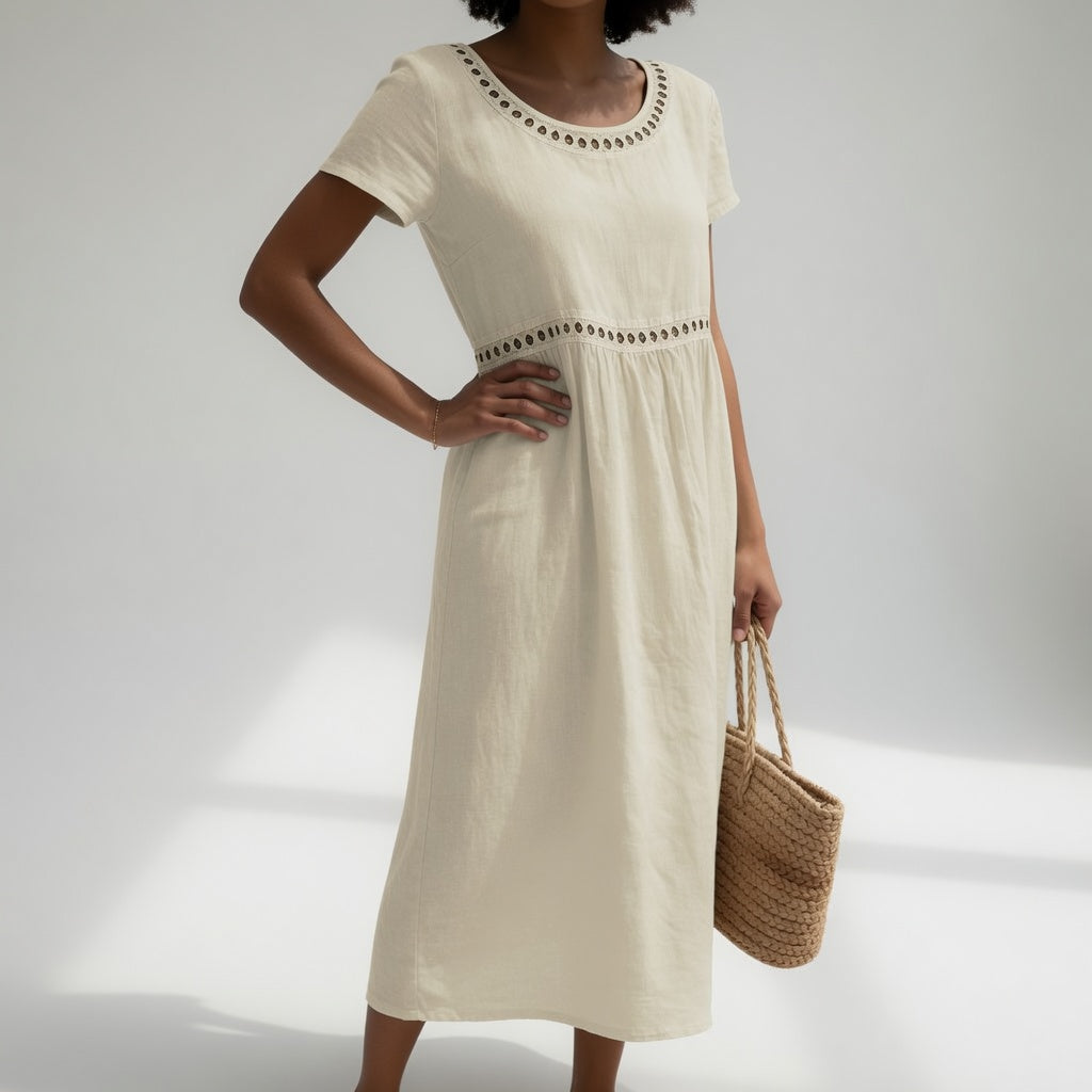 Olivia - Eyelet Trim Midi Dress in Off White