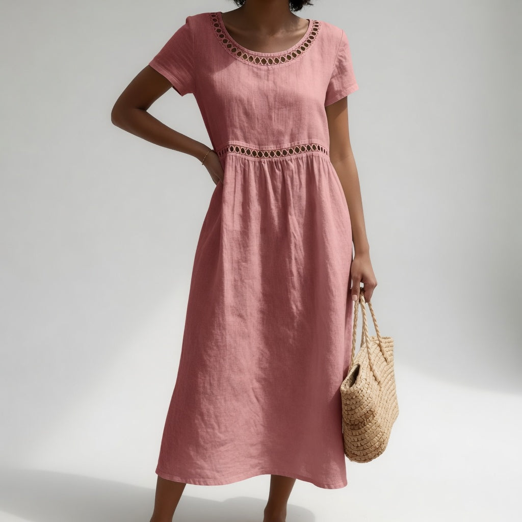 Olivia - Eyelet Trim Midi Dress in Pink