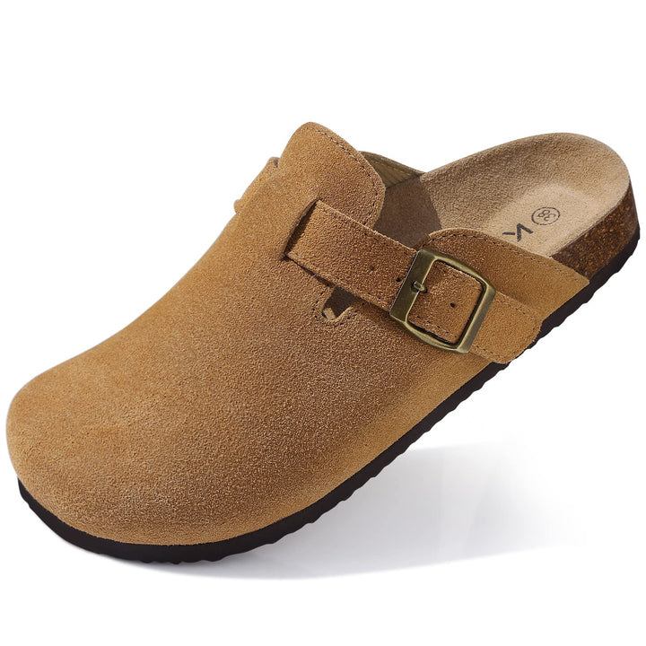 Riley suede ergonomic clogs worn on foot