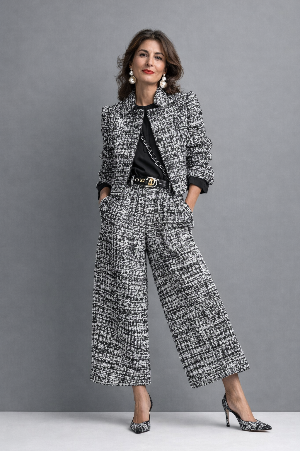 Lillian tweed two-piece blazer and pants set, front view in black