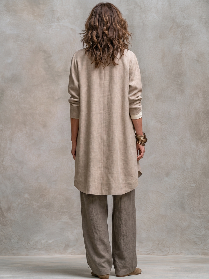 Selma linen three-piece set, jacket and wide-leg trousers, back view