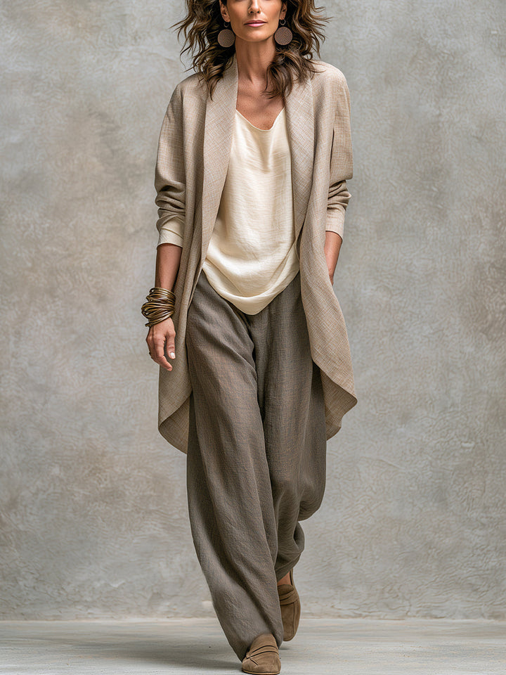 Selma linen three-piece set, close-up of jacket and top layering