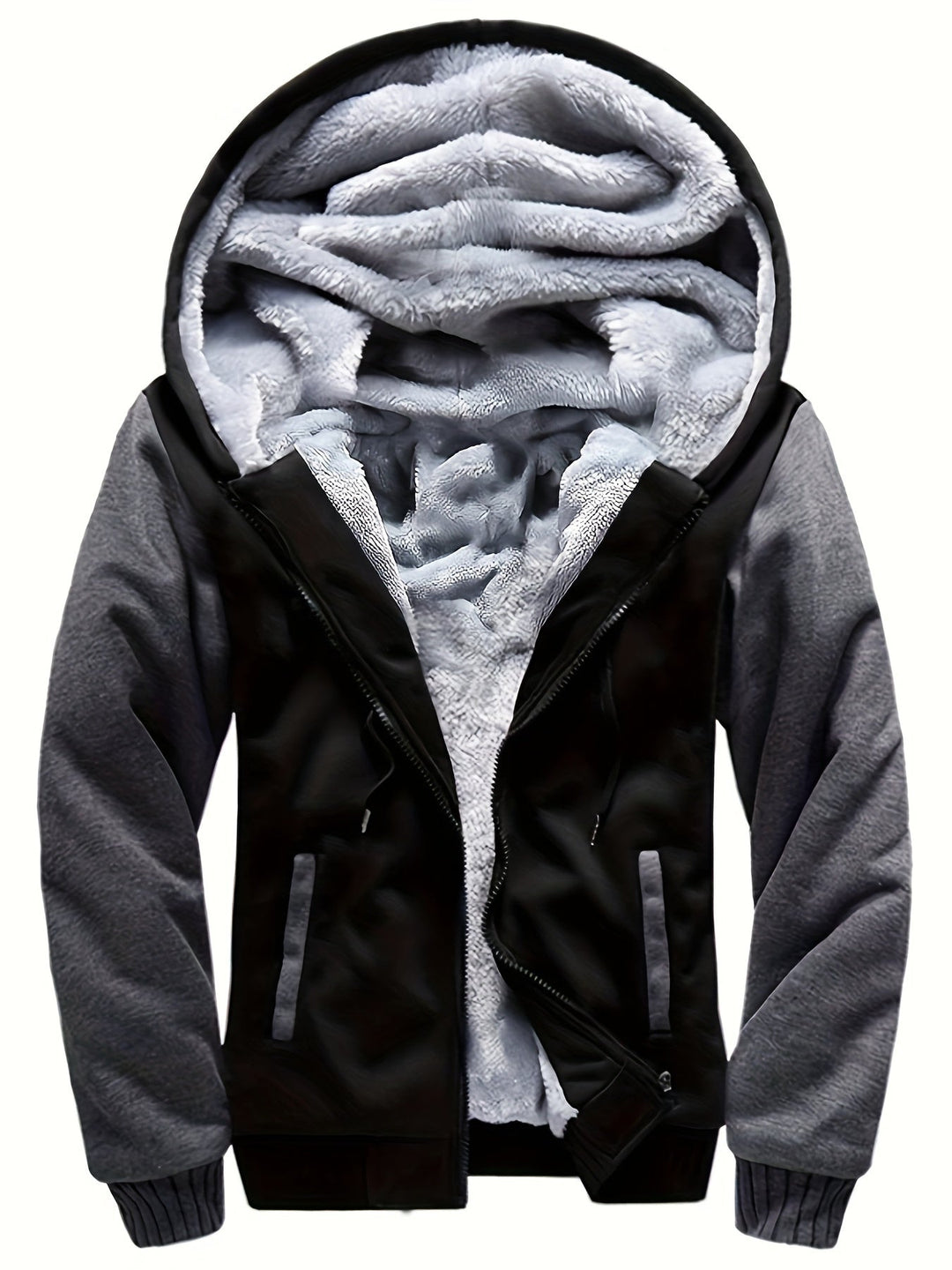 Raymond two-tone sherpa-lined zip hoodie in black, front view