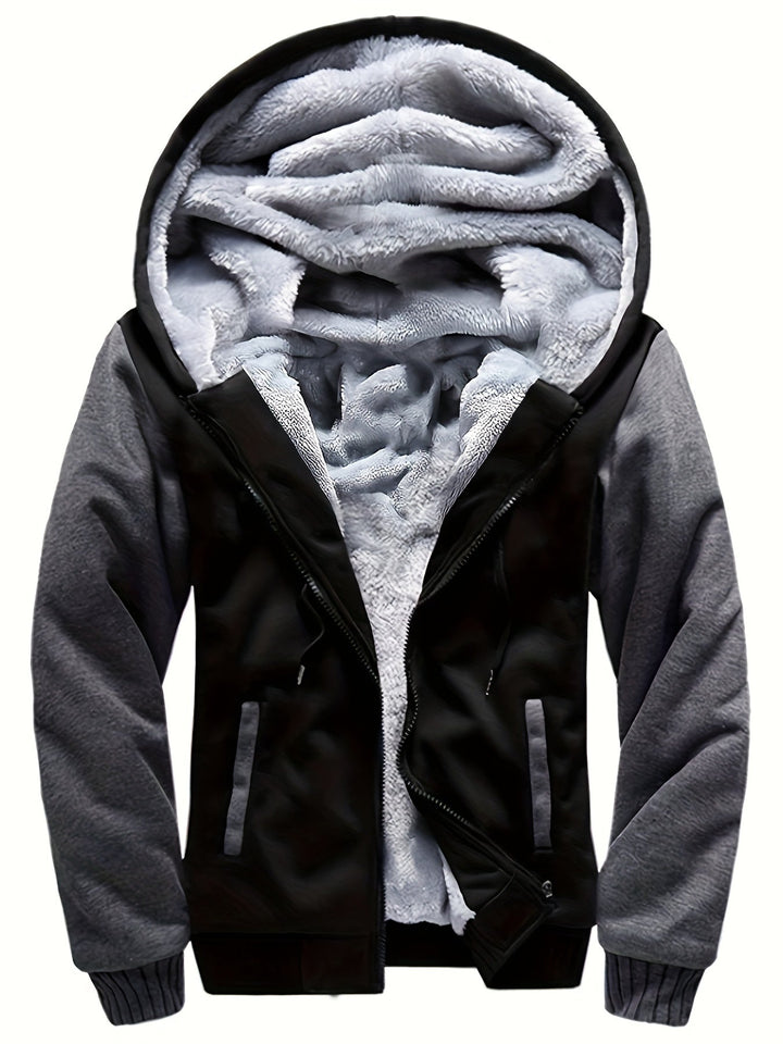 Raymond two-tone sherpa-lined zip hoodie in black, front view
