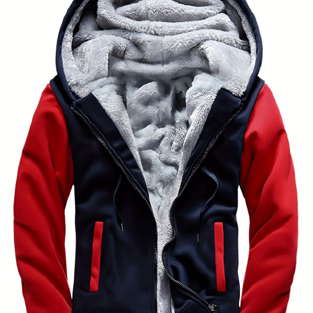 Raymond two-tone sherpa-lined zip hoodie in navy and red, hood detail