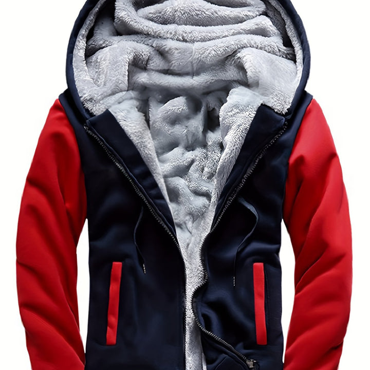 Raymond two-tone sherpa-lined zip hoodie in navy and red, hood detail