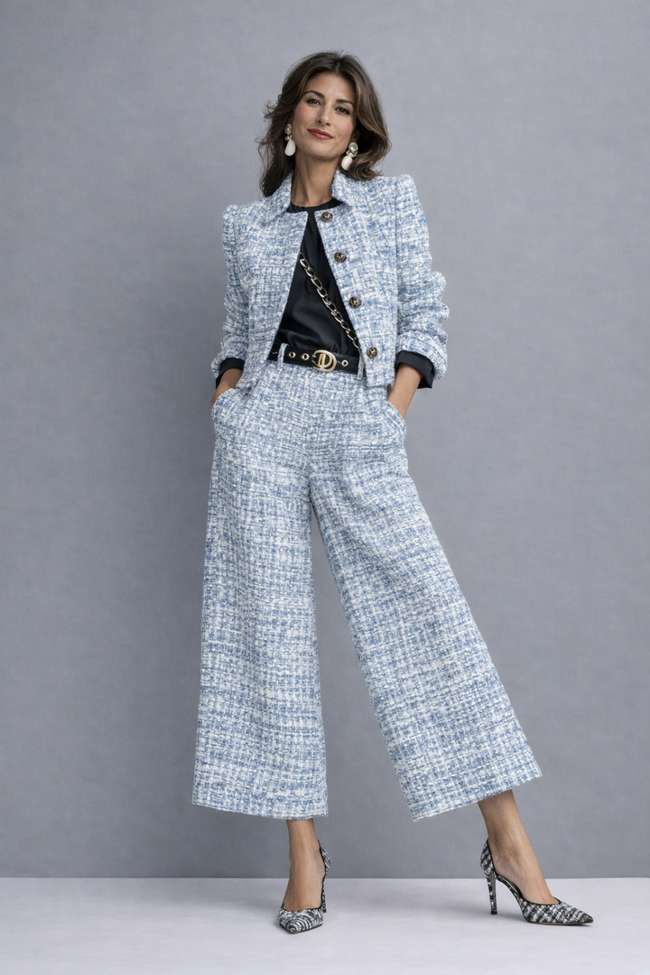 Lillian tweed two-piece blazer and pants set, front view in blue