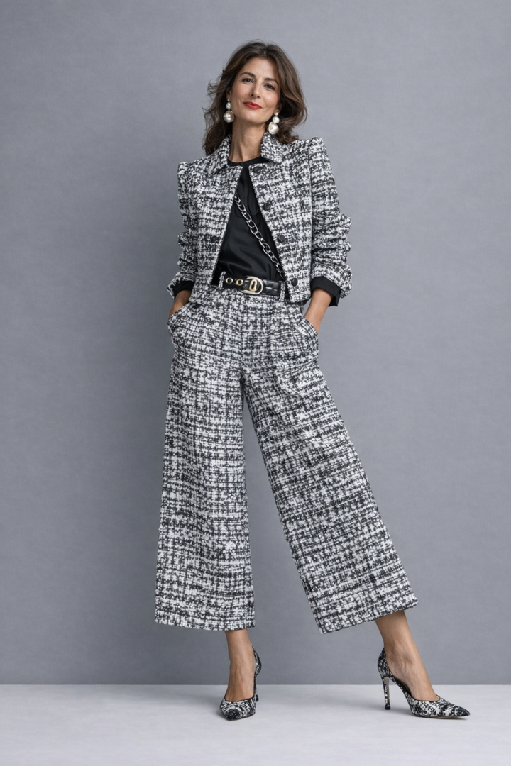 Lillian tweed two-piece blazer and pants set, front view in black