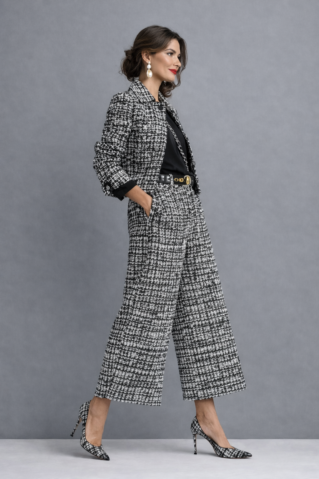 Lillian tweed two-piece blazer and pants set, side view in black