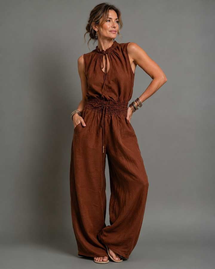 Beatrice sleeveless wide-leg jumpsuit in brown, front view