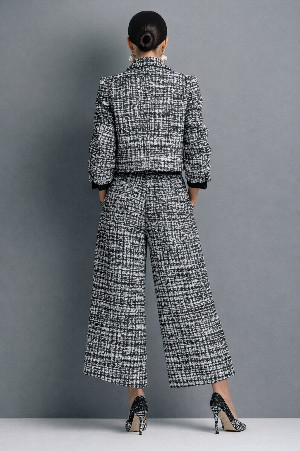 Lillian tweed two-piece blazer and pants set, back view in black