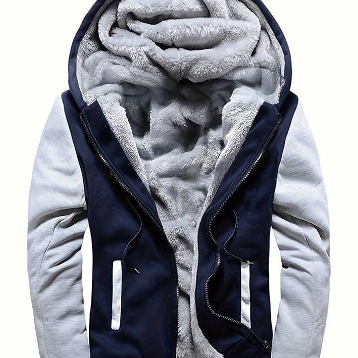 Raymond two-tone sherpa-lined zip hoodie in navy and light gray, hood detail