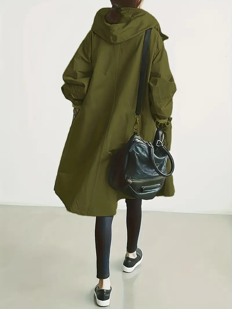 Edna oversized waterproof trenchcoat in army green, back view
