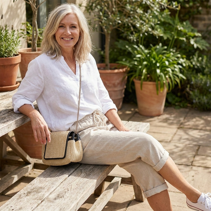 Ashley - Cotton Linen Capri Pants in Blue