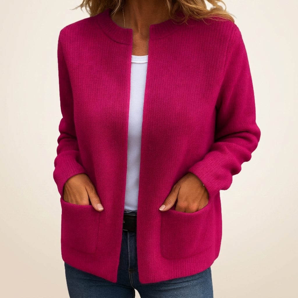 Harriet zip-up knit cardigan, worn on model