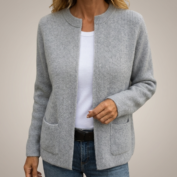 Harriet zip-up knit cardigan, front view