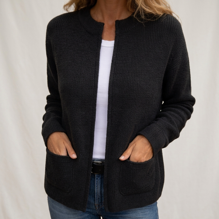 Harriet zip-up knit cardigan, worn open over a t-shirt