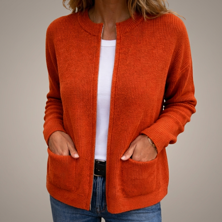 Harriet zip-up knit cardigan, close-up detail