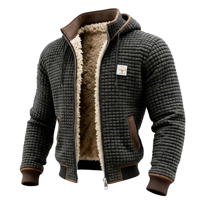 Gerald hooded waffle bomber jacket in grey, front view