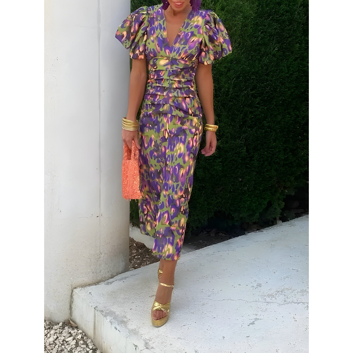 ISABELLA - Elegant Floral Dress in Green/Purple