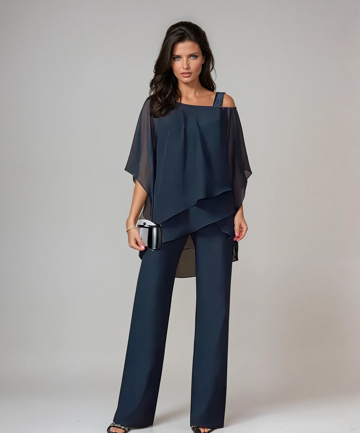 Corinne two-piece poncho set, worn on model