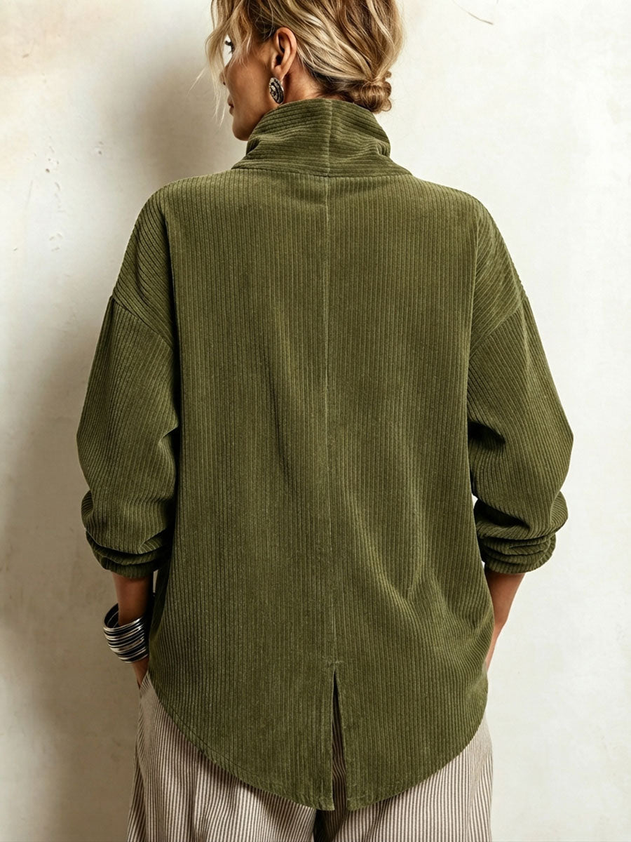 Edith corduroy funnel-neck sweater in olive green, back view
