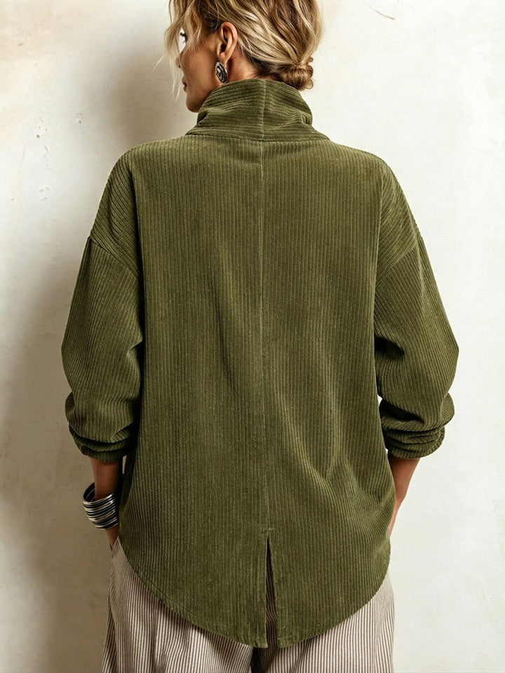 Edith corduroy funnel-neck sweater in olive green, back view