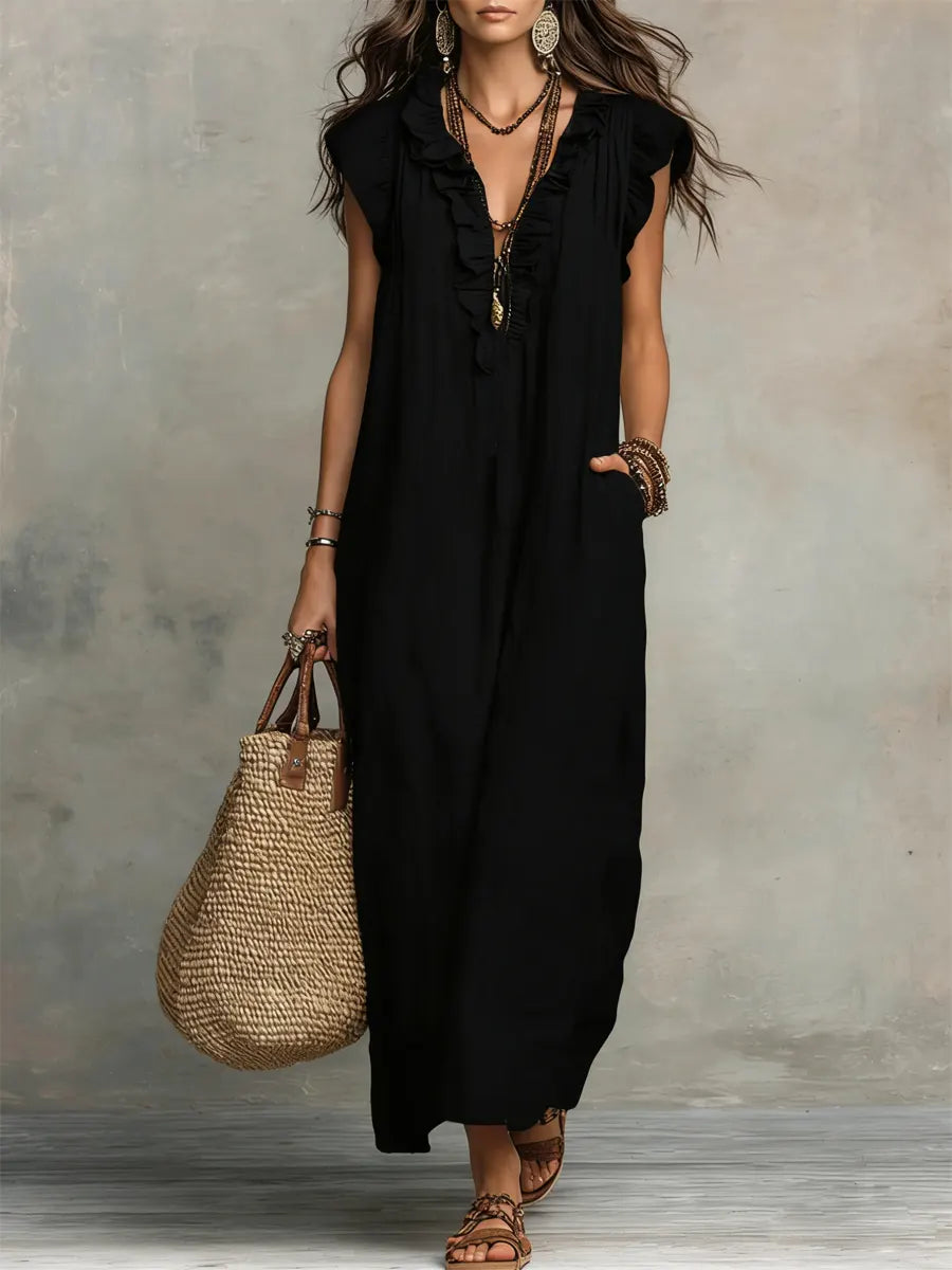 Paige Ruffled V-Neck Linen Dress in Blue