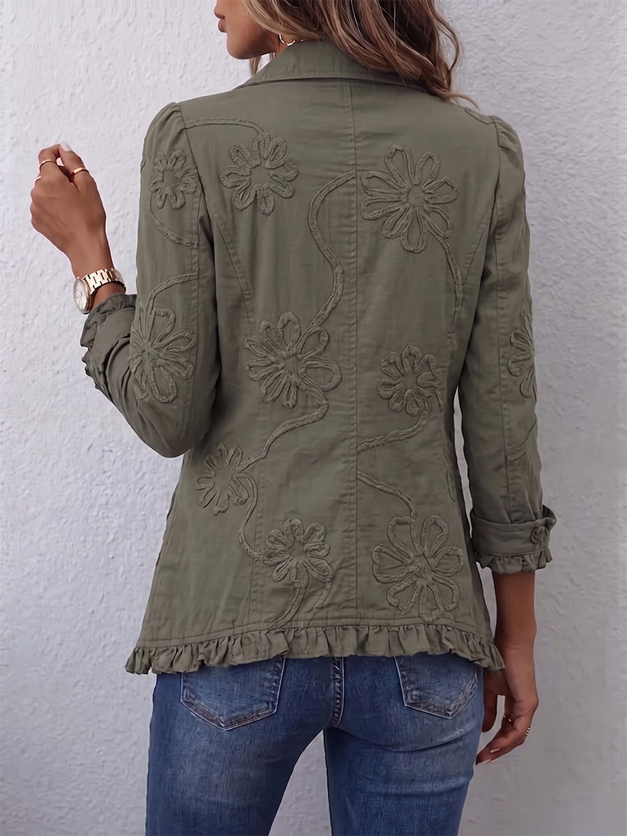 Eloise embroidered ruffle jacket, close-up of ruffle trim and embroidery detail