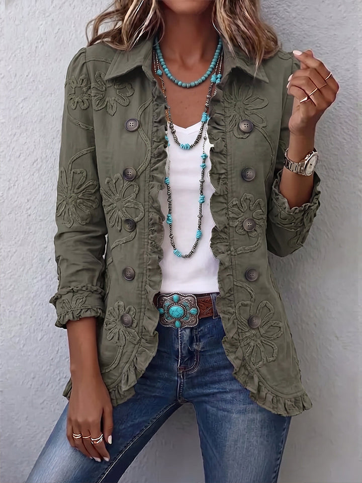 Eloise embroidered ruffle jacket in multicolor floral embroidery, front view