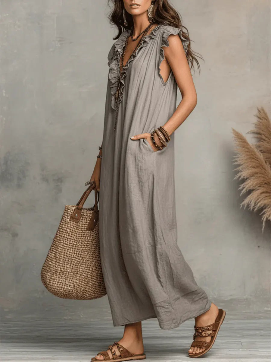 Paige Ruffled V-Neck Linen Dress in Red
