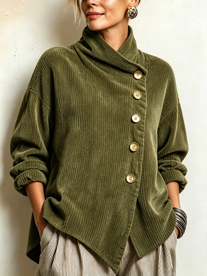 Edith corduroy funnel-neck sweater in olive green, detail view