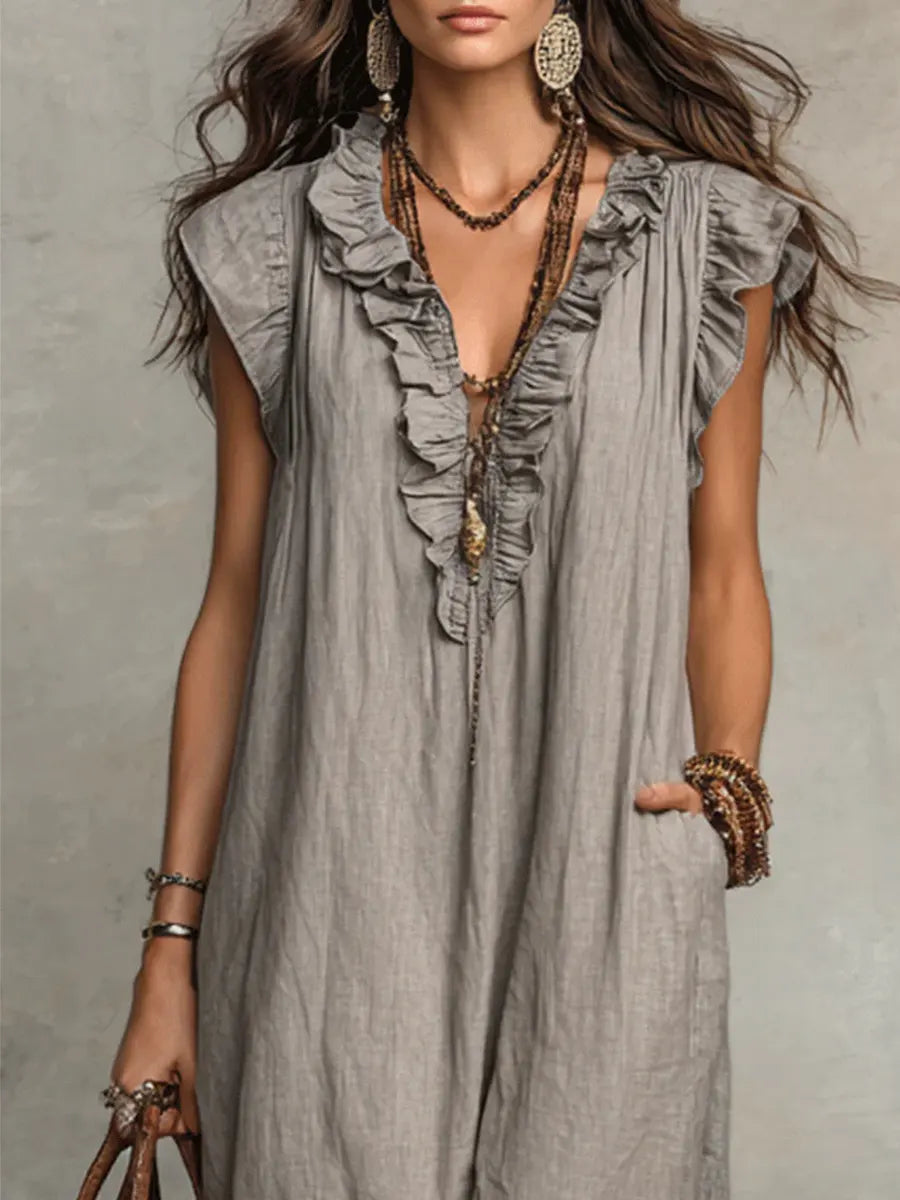 Paige Ruffled V-Neck Linen Dress in Black