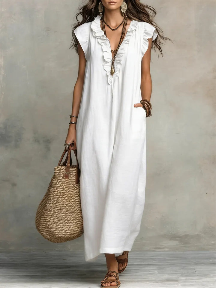 Paige Ruffled V-Neck Linen Dress in Green
