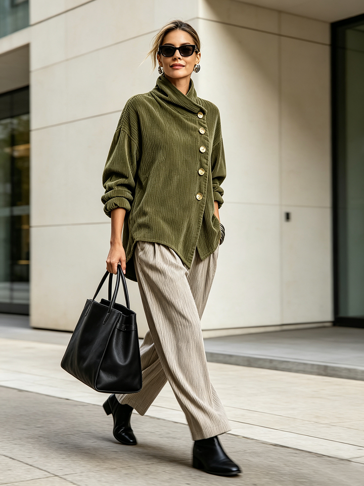 Edith corduroy funnel-neck sweater in olive green, full front view