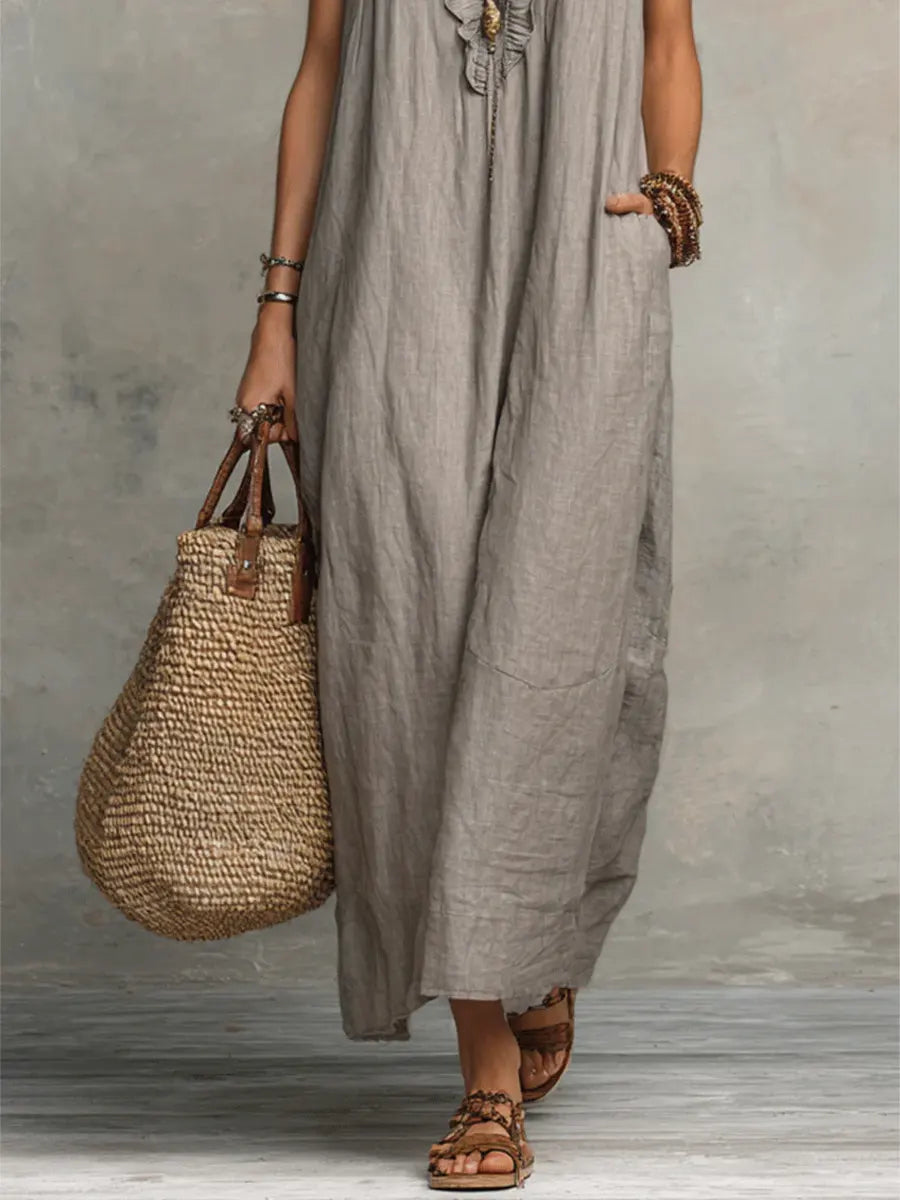 Paige Ruffled V-Neck Linen Dress in Black