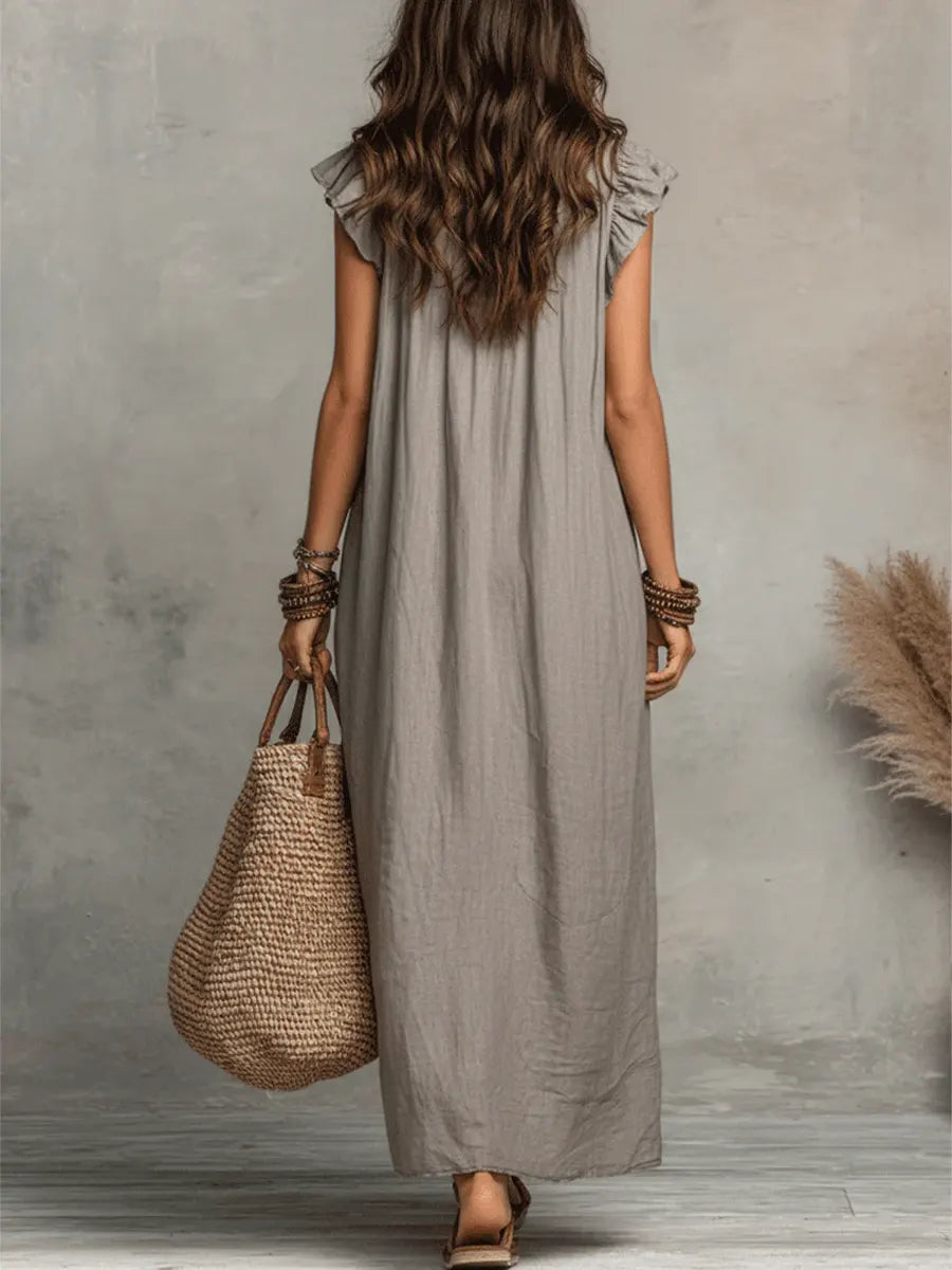 Paige Ruffled V-Neck Linen Dress in White