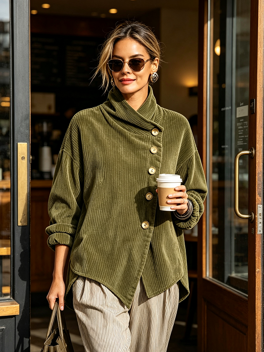Edith corduroy funnel-neck sweater in olive green, close-up of diagonal button placket