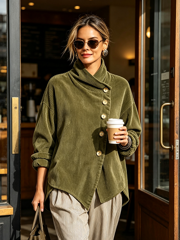 Edith corduroy funnel-neck sweater in olive green, close-up of diagonal button placket