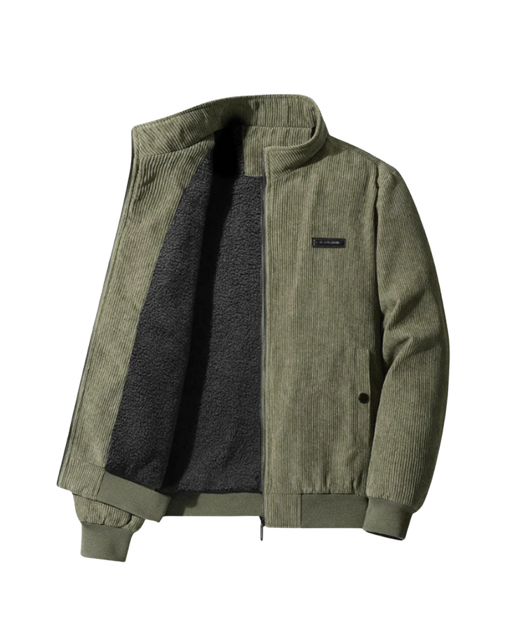 Howard corduroy sherpa-lined bomber jacket in green, open front view
