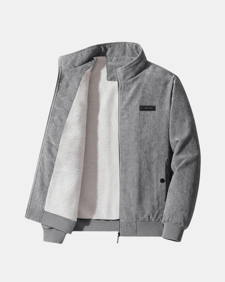Howard corduroy sherpa-lined bomber jacket in black, open front view