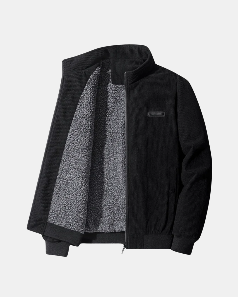 Howard corduroy sherpa-lined bomber jacket in brown, open front view