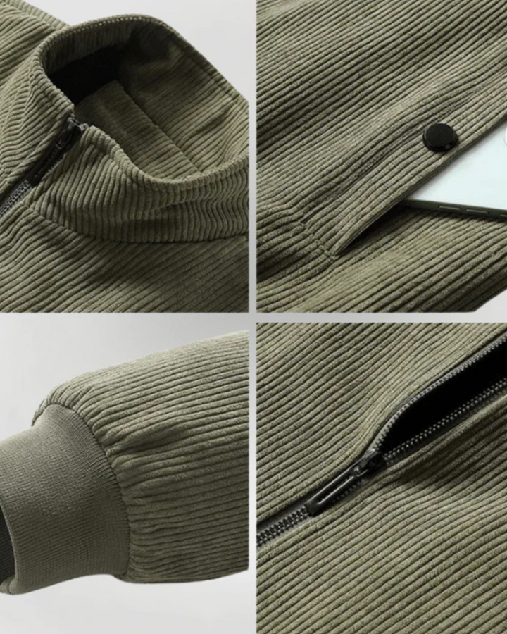 Howard jacket close-up detail of corduroy fabric, collar, and zipper