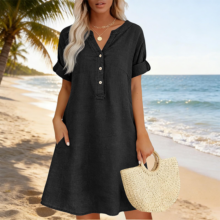 Brenda - Casual V-Neck Tunic With Pockets, Beige