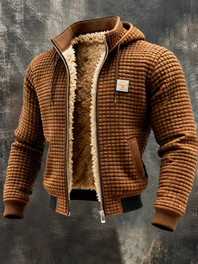 Gerald hooded waffle bomber jacket in brown, front view