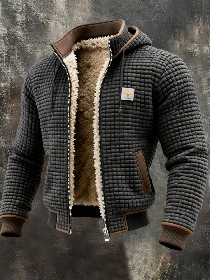 Gerald hooded waffle bomber jacket in grey, front view alternate