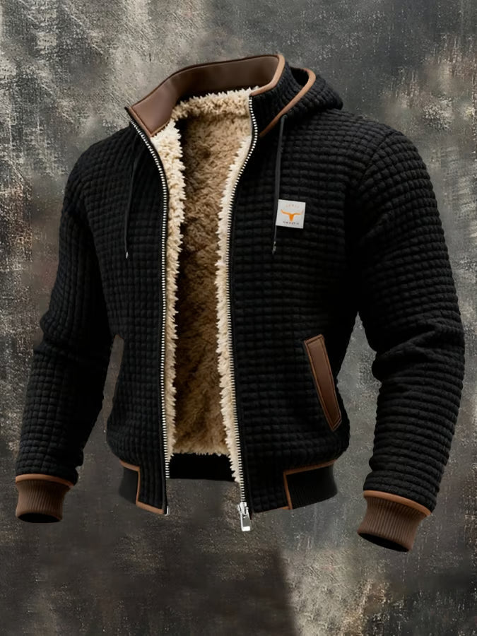 Gerald hooded waffle bomber jacket in black, front view