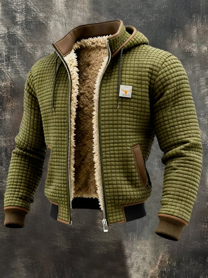 Gerald hooded waffle bomber jacket in green, front view